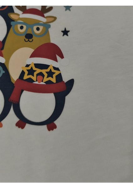 Yılbaşı Temalı Sevimli Hayvan Baskılı Pamuklu Unisex Çocuk Kısa Kollu Eşofman Takımı indirimleri