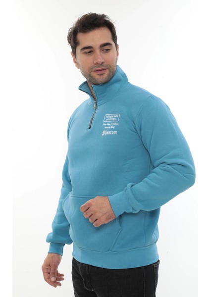 Erkek Turkuaz Standart Fit Normal Kesim Içi Polarlı Yarım Fermuarlı Dik Bato Yaka Pamuklu Sweatshirt