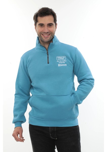 Erkek Turkuaz Standart Fit Normal Kesim Içi Polarlı Yarım Fermuarlı Dik Bato Yaka Pamuklu Sweatshirt fiyatları