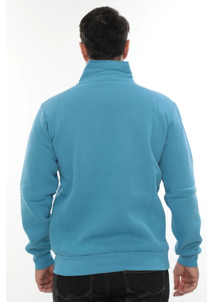 Erkek Turkuaz Standart Fit Normal Kesim Içi Polarlı Yarım Fermuarlı Dik Bato Yaka Pamuklu Sweatshirt fırsatları