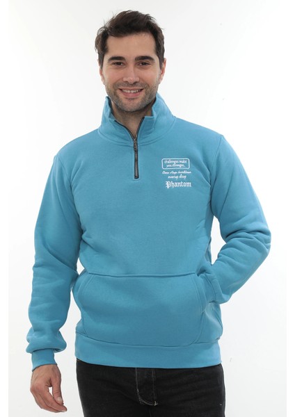 Erkek Turkuaz Standart Fit Normal Kesim Içi Polarlı Yarım Fermuarlı Dik Bato Yaka Pamuklu Sweatshirt indirimleri