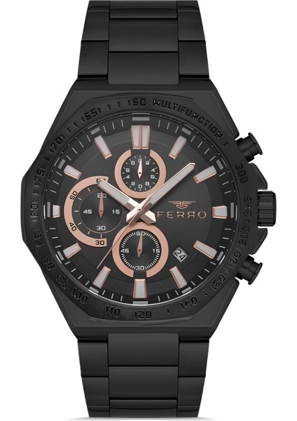 Ferro Siyah Çelik Kordon Erkek Kol Saati Fonksiyonlar Aktif 3 Atm Su Geçirmez TH-FM41110A-G