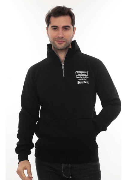 Erkek Siyah Standart Fit Normal Kesim Içi Polarlı Yarım Fermuarlı Dik Bato Yaka Pamuklu Sweatshirt