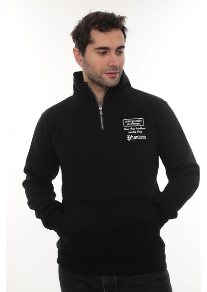 Erkek Siyah Standart Fit Normal Kesim Içi Polarlı Yarım Fermuarlı Dik Bato Yaka Pamuklu Sweatshirt fiyatları