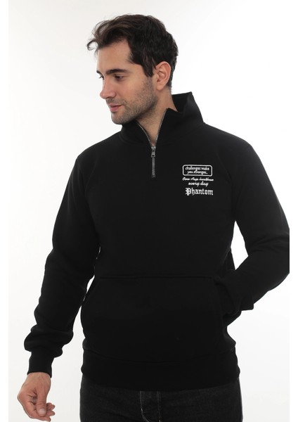 Erkek Siyah Standart Fit Normal Kesim Içi Polarlı Yarım Fermuarlı Dik Bato Yaka Pamuklu Sweatshirt modelleri