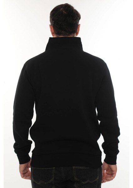 Erkek Siyah Standart Fit Normal Kesim Içi Polarlı Yarım Fermuarlı Dik Bato Yaka Pamuklu Sweatshirt fırsatları