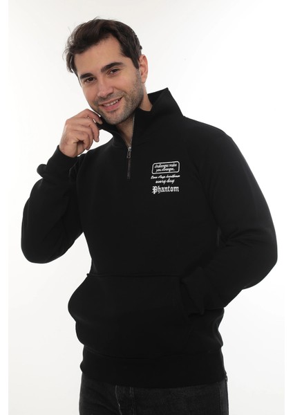 Erkek Siyah Standart Fit Normal Kesim Içi Polarlı Yarım Fermuarlı Dik Bato Yaka Pamuklu Sweatshirt indirimleri