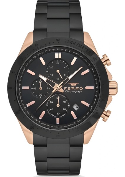 Ferro Siyah Çelik Kordon Erkek Kol Saati Fonksiyonlar Aktif 3 Atm Su Geçirmez TH-FM31455A-R