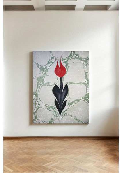 Ebru Lale Figürü - Kanvas Tablo - Geleneksel Türk Sanatı Modern Duvar Dekoru