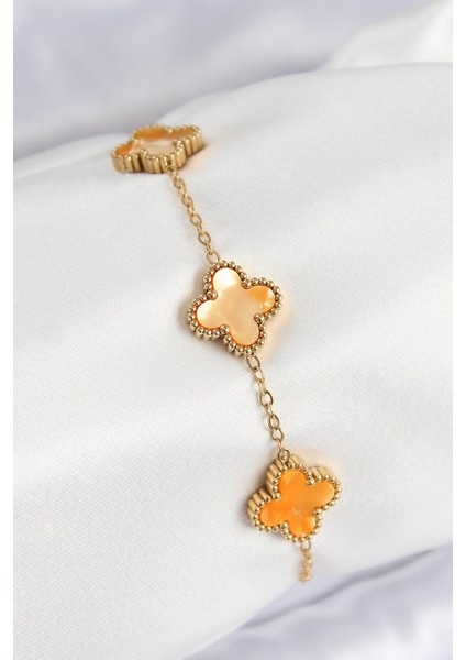 Bfs 316L Çelik Sedefli Turuncu Gold Renk Yonca Kadın Bileklik