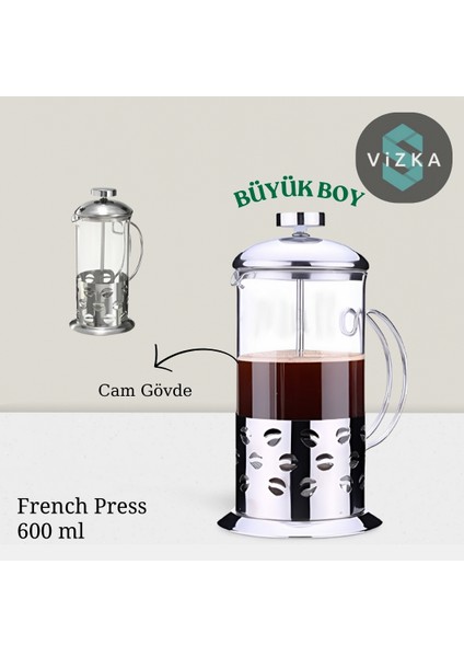 French Press , Filtre Kahve , Bitki Çayı Demleme Cam /600ml Büyük Boy