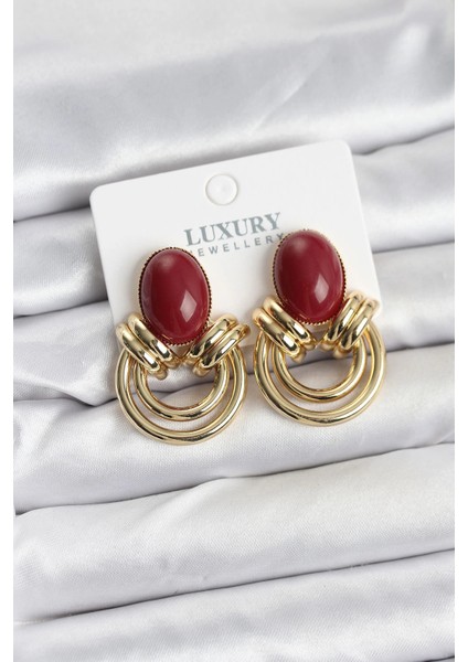 Bfs Pirinç Gold Renk Bordo Taşlı Vintage Kadın Küpe