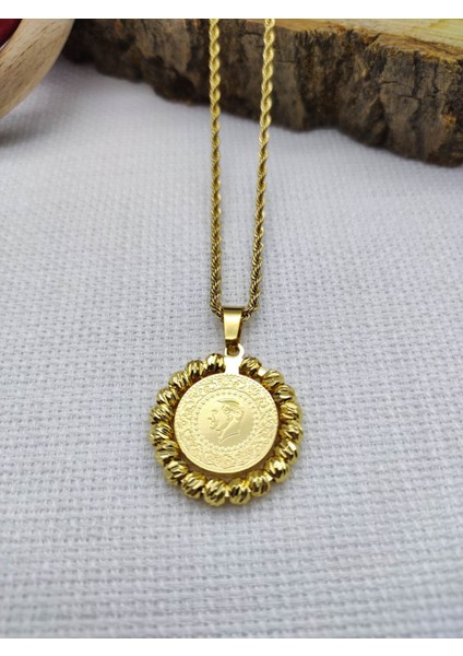 Altın Kaplama 316L Çeyrekli Dorika Modeli Burgu Zincirli Çelik Kolye