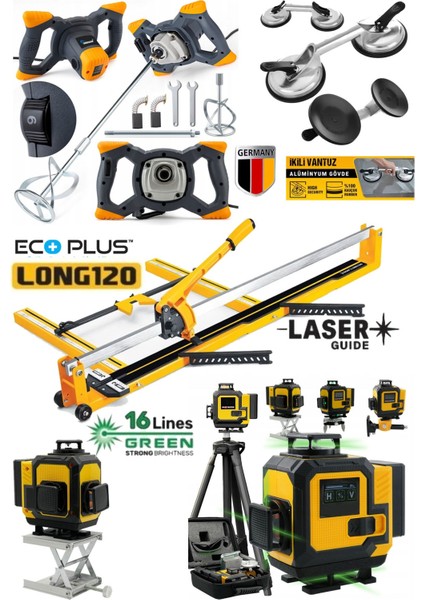 Ecoplus4 Seramik Usta Seti: 120MM Seramik Kesme - 2'li Vantuz - Boya Karıştırıcı - 16 Çizgi Lazer