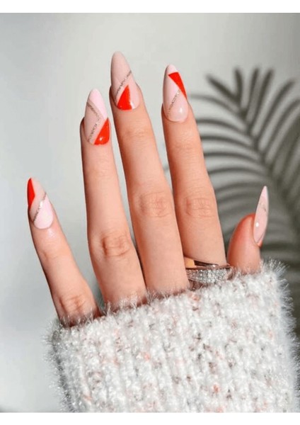 Pembe Kırmızı Simli Badem Takma Tırnak Seti (24 Adet)