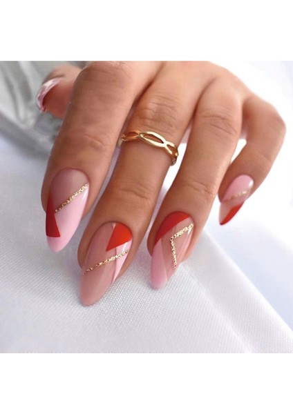 Pembe Kırmızı Simli Badem Takma Tırnak Seti (24 Adet) fiyatları