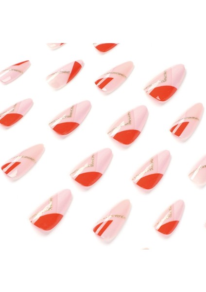 Pembe Kırmızı Simli Badem Takma Tırnak Seti (24 Adet) modelleri