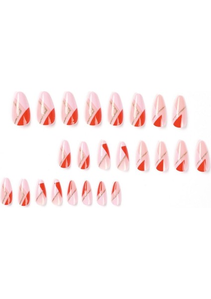 Pembe Kırmızı Simli Badem Takma Tırnak Seti (24 Adet) indirimleri