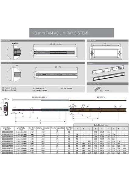 Galvanizli Teleskopik Çekmece Rayı 43X500 modelleri