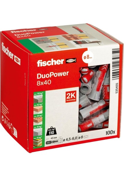 Duopower 8 x 40, Evrensel Dübel, Güçlü 2 Bileşenli Dübel,, Tuğla, Taş, Alçı Yapı Plakaları Vb. Sabitlemek Için Plastik Dübel, Vidasız, 100 Adet