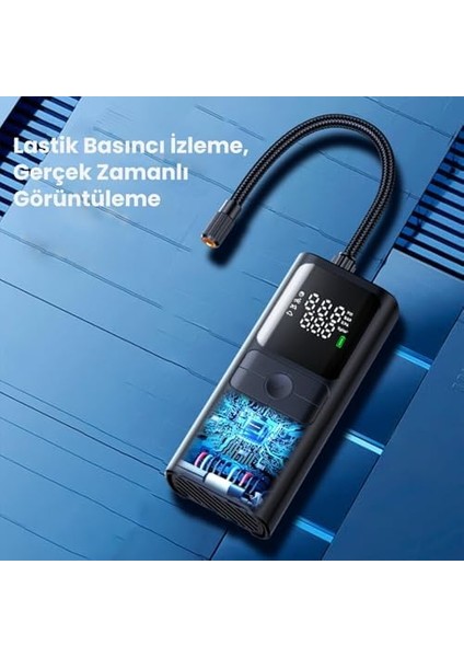 150PSI 4000MAH Şarjlı Taşınabilir Hava Pompası Araç, Bisiklet, Top Şişirme (Powerbank+Led Lamba+Lcd Ekran) modelleri