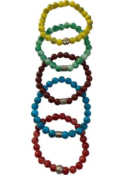 Renkli Doğal Taş Görünümlü Boncuk Bileklik – 5’li Esnek Bileklik Seti