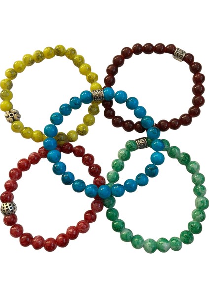 Renkli Doğal Taş Görünümlü Boncuk Bileklik – 5’li Esnek Bileklik Seti
