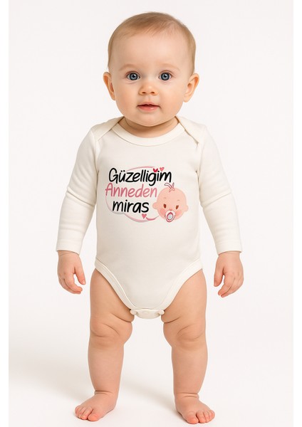 Güzelliğim Anneden Miras Yazılı Uzun Kollu Pamuklu Bebek Badi/body