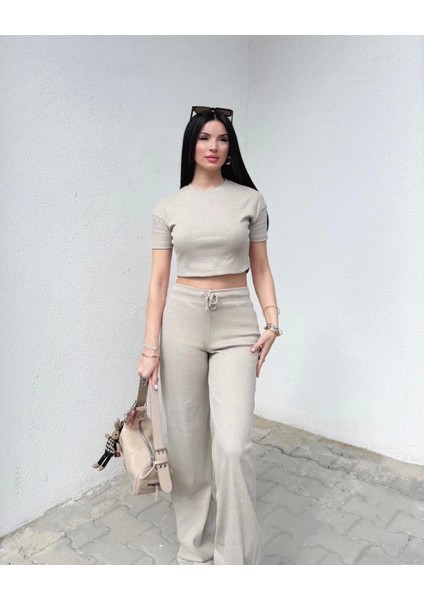 Kadın Bej Crop Bol Paça Pantolon Alt Üst Takım indirimleri