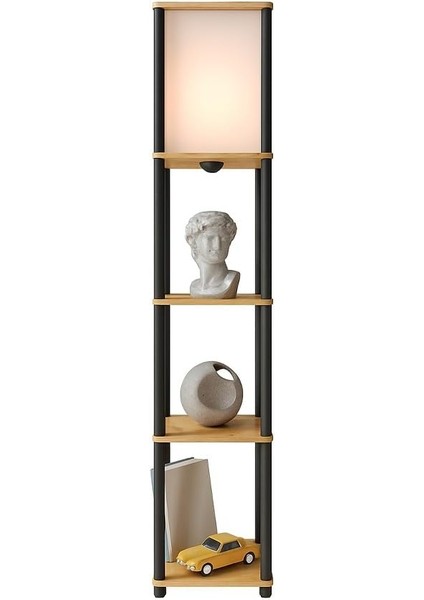 Raflı Lambader Meşe Renkli | Modern 3 Katlı Raflı Ayaklı Aydınlatma Ünitesi | Dekoratif Salon, Yatak Odası, Ofis Lambaderi | E27 Duy Uyumlu Şık Tasarım | Kitaplık ve Işık Bir Arada