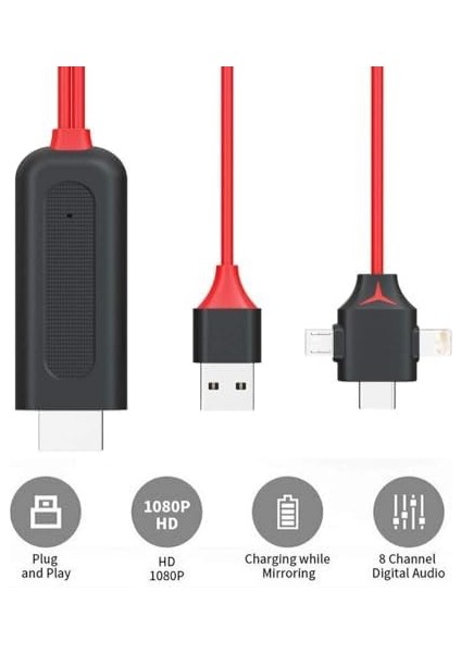 HDMI Kablosu, 1080P Hd, Şarj ve Ekran Yansıtma Özellikli, 8 Kanal Dijital Ses, Cep Telefonu Ekranından Tv/projektör/monitöre Tak ve Çalıştır fiyatları