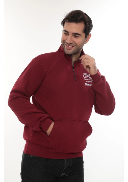 Erkek Bordo Standart Fit Normal Kesim Içi Polarlı Yarım Fermuarlı Dik Bato Yaka Pamuklu Sweatshirt