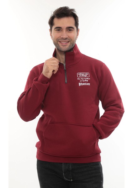 Erkek Bordo Standart Fit Normal Kesim Içi Polarlı Yarım Fermuarlı Dik Bato Yaka Pamuklu Sweatshirt fiyatları