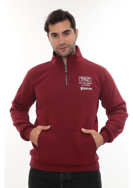 Erkek Bordo Standart Fit Normal Kesim Içi Polarlı Yarım Fermuarlı Dik Bato Yaka Pamuklu Sweatshirt modelleri
