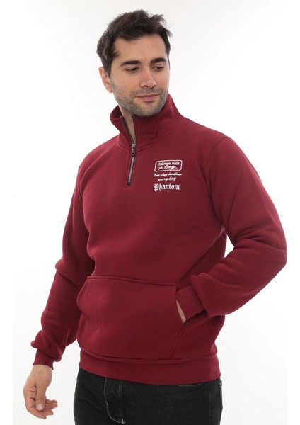 Erkek Bordo Standart Fit Normal Kesim Içi Polarlı Yarım Fermuarlı Dik Bato Yaka Pamuklu Sweatshirt fırsatları