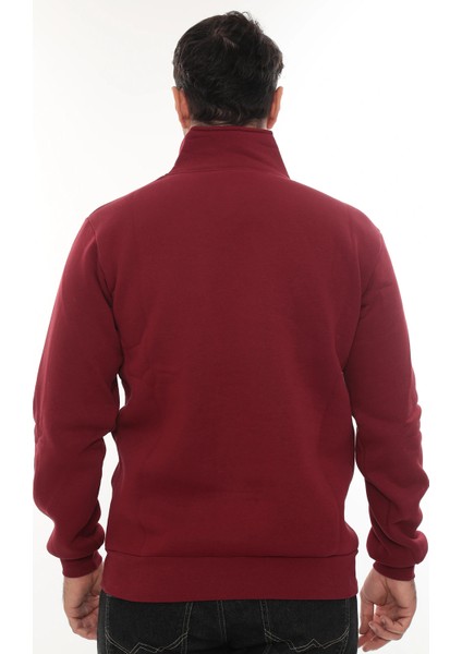 Erkek Bordo Standart Fit Normal Kesim Içi Polarlı Yarım Fermuarlı Dik Bato Yaka Pamuklu Sweatshirt indirimleri