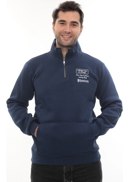 Erkek Mavi Standart Fit Normal Kesim Içi Polarlı Yarım Fermuarlı Dik Bato Yaka Pamuklu Sweatshirt