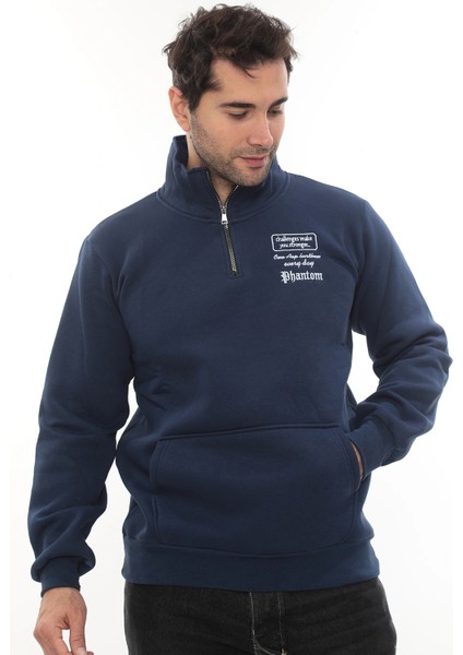 Erkek Mavi Standart Fit Normal Kesim Içi Polarlı Yarım Fermuarlı Dik Bato Yaka Pamuklu Sweatshirt fiyatları