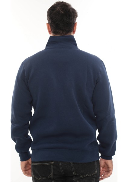 Erkek Mavi Standart Fit Normal Kesim Içi Polarlı Yarım Fermuarlı Dik Bato Yaka Pamuklu Sweatshirt modelleri