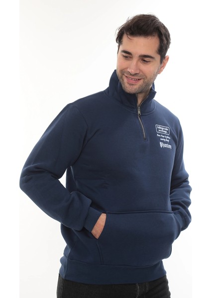 Erkek Mavi Standart Fit Normal Kesim Içi Polarlı Yarım Fermuarlı Dik Bato Yaka Pamuklu Sweatshirt fırsatları