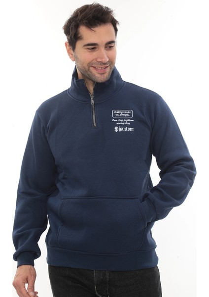 Erkek Mavi Standart Fit Normal Kesim Içi Polarlı Yarım Fermuarlı Dik Bato Yaka Pamuklu Sweatshirt indirimleri