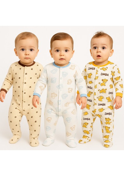 Aslan Desenli 3’lü Patikli Bebek Tulum Seti