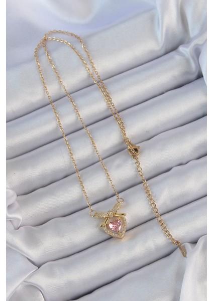316L Çelik Zincir Altın Renk Pembe Zirkon Taşlı Fiyonklu Kalp Kolye - TJ-BKO9173 fiyatları
