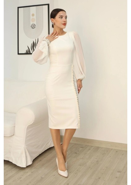 Inci ve Taş Süslemeli Balon Kol Abiye Elbise 2244-BEYAZ