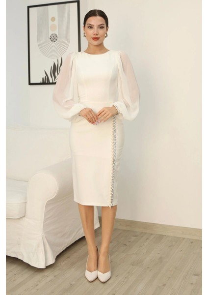 Inci ve Taş Süslemeli Balon Kol Abiye Elbise 2244-BEYAZ fiyatları