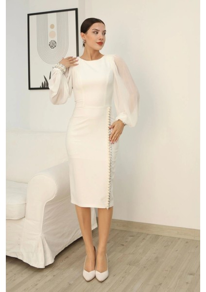 Inci ve Taş Süslemeli Balon Kol Abiye Elbise 2244-BEYAZ modelleri