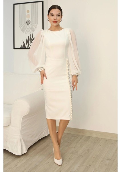 Inci ve Taş Süslemeli Balon Kol Abiye Elbise 2244-BEYAZ fırsatları