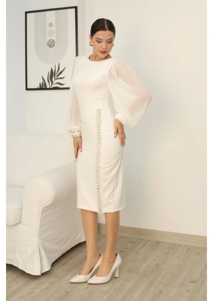 Inci ve Taş Süslemeli Balon Kol Abiye Elbise 2244-BEYAZ indirimleri
