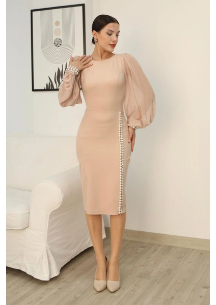 Inci ve Taş Süslemeli Balon Kol Abiye Elbise 2244-CAMEL