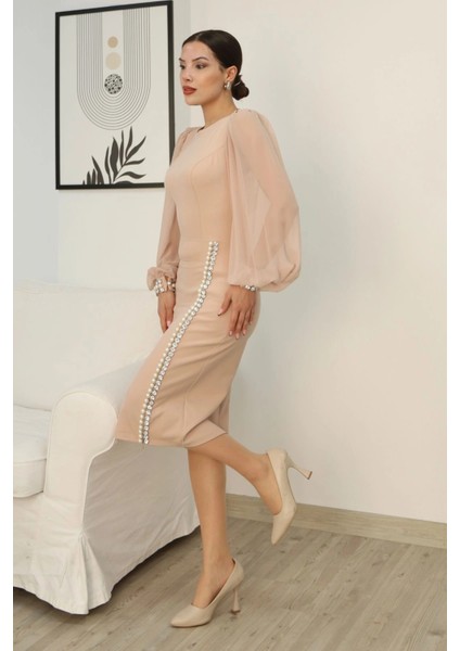 Inci ve Taş Süslemeli Balon Kol Abiye Elbise 2244-CAMEL modelleri